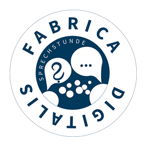 Logo der FabricaDigitalis Sprechstunde mit mehreren Akteur*innen und Sprechblasen