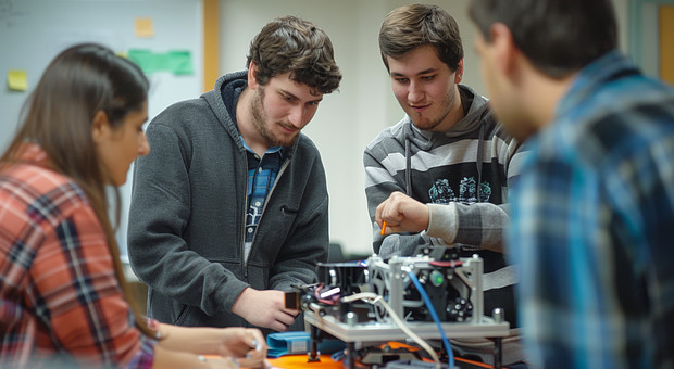 Eine Gruppe von Studierenden arbeitet an einem Fahrzeugmotor in einem Seminarraum