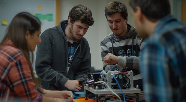 Eine Gruppe von Studierenden arbeitet an einem Fahrzeugmotor in einem Seminarraum