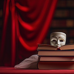Nahaufnahme einer rote Maske, welche auf einem Stapel Bücher liegt. Im Hintergrund ist der Roter Vorhang einer Bühne zu erkennen.