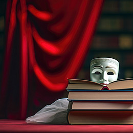 Nahaufnahme einer rote Maske, welche auf einem Stapel Bücher liegt. Im Hintergrund ist der Roter Vorhang einer Bühne zu erkennen.