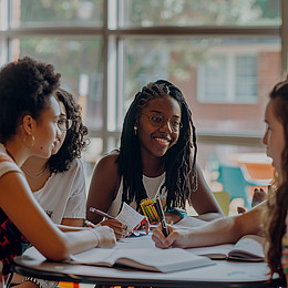 eine gemischte Gruppe Studierender sitzt lächelnd an einem weißen Tisch mit Lehrbüchern 
