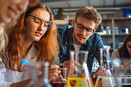 Eine Gruppe von Studierenden sitzt um einen Tisch während eines Chemie Seminars und führt Experimente durch. 