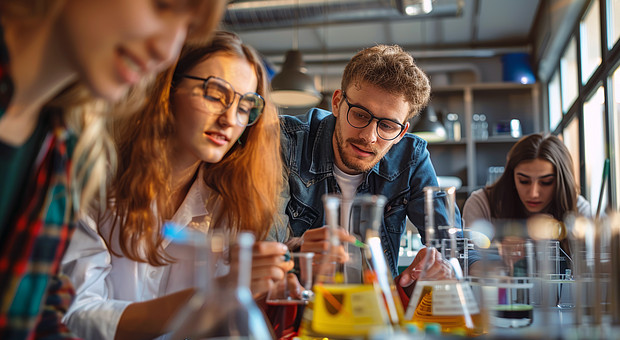 Eine Gruppe von Studierenden sitzt um einen Tisch während eines Chemie Seminars und führt Experimente durch. 