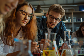 Eine Gruppe von Studierenden sitzt um einen Tisch während eines Chemie Seminars und führt Experimente durch. 