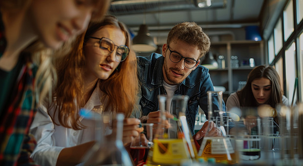 Eine Gruppe von Studierenden sitzt um einen Tisch während eines Chemie Seminars und führt Experimente durch. 