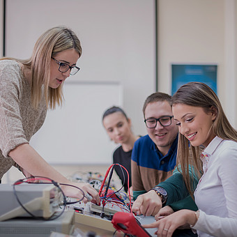 Eine Dozierende Person arbeitet mit einem Universitäts Seminar zur Elektrischen Schaltflächen 