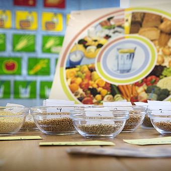 Eine Grafik zur Ernährungspyramide mit Lebensmitteln auf einem dunklen Tisch 