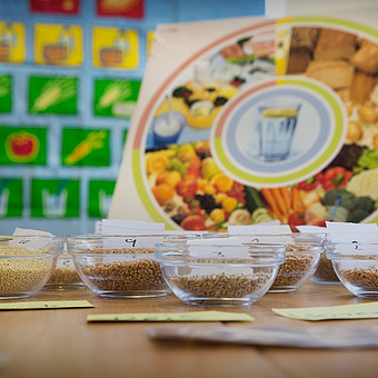 Eine Grafik zur Ernährungspyramide mit Lebensmitteln auf einem dunklen Tisch 