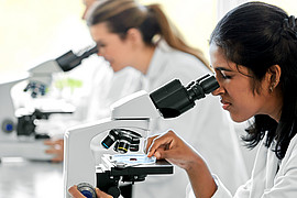 Drei Studierende arbeiten am Mikroskop in Labor Bekleidung 