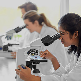 Drei Studierende arbeiten am Mikroskop in Labor Bekleidung 