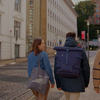 zeigt drei Studierende von Hinten. Sie laufen mit Rucksack die Rathausstraße von Flensburg entlang 