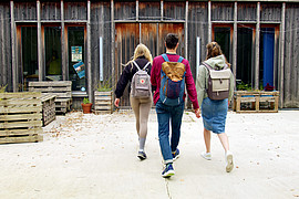 zeigt drei Studierende mit Rucksack am betreten der Campelle der Europa-Universität Flensburg 