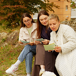 Drei Studierende sitzen auf einer Parkbank vor einem Gebäude der Europa-Universität Flensburg und unterhalten sich. Sie sind aus der Nähe fotografiert.