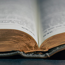 zeigt eine aufgeschlagene Bibel, mit nicht erkennbaren Inhalten 