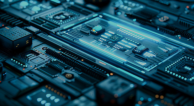 Nahaufnahme eines mikrochips und leiterplatte