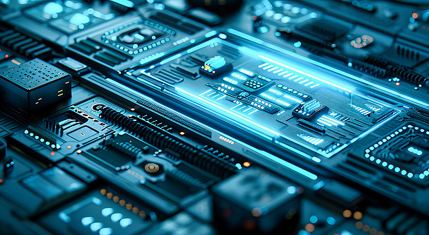 Nahaufnahme eines mikrochips und leiterplatte