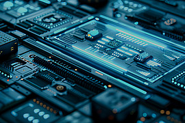 Nahaufnahme eines mikrochips und leiterplatte