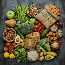 verschiedenes Obst und Gemüse ist  auf einem dunklen Tisch verteilt 