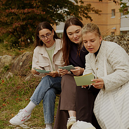 zeigt drei junge Studierende der Europa-Universität Flensburg draußen auf einer Bank mit Lernzetteln. 