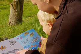 zeigt eine Studierende der Uni Flensburg vorlesend aus einem Tierbuch und einem Kind