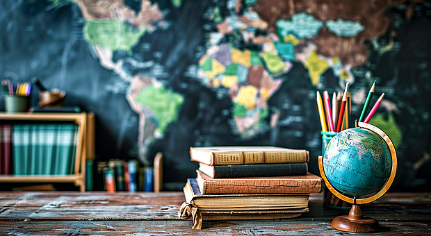 zeigt Bücher und einen Globus auf einem Schreibtisch vor einer blauen Weltkarte im Hintergrund. 