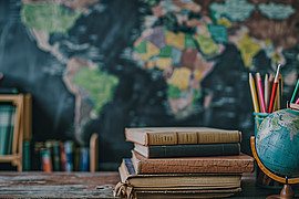 zeigt Bücher und einen Globus auf einem Schreibtisch vor einer blauen Weltkarte im Hintergrund. 