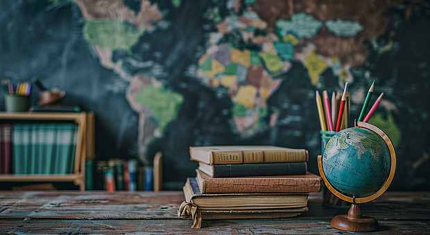 zeigt Bücher und einen Globus auf einem Schreibtisch vor einer blauen Weltkarte im Hintergrund. 