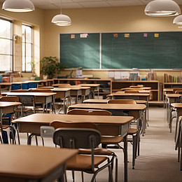 Leerer Klassenraum mit Tischen, Stühlen und einer Tafel