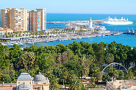 Blick auf Hafen mit Leuchtturm, Kreuzfahrtschiff und Palmen im Vordergrund.