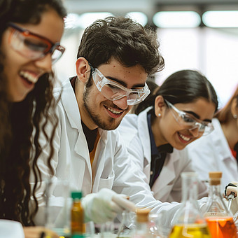 Drei Studierende mit Schutzkittel und Laborkittel sitzen lächelnd und arbeitend an einem Tisch 