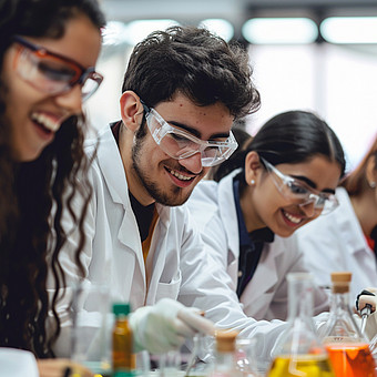 Drei Studierende mit Schutzkittel und Laborkittel sitzen lächelnd und arbeitend an einem Tisch 