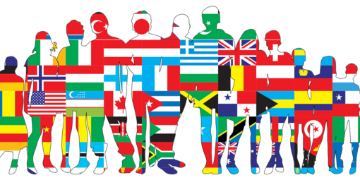 Silhouetten von Menschen gefüllt mit internationalen Flaggen