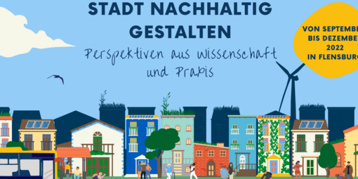 Das Bild zeigt eine animierte Darstellung einer nachhaltigen Stadt mit einer Häuserreihe und einer belebten Straße.