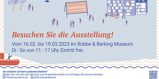 Das Bild zeigt eine Einladung für die Öffentlichkeitsveranstaltung: Zukunft-Hafen-Ost am 15.02.2023 von 18:30 bis 21:00 Uhr am Robbe & Berking Museum (Harniskai 13)